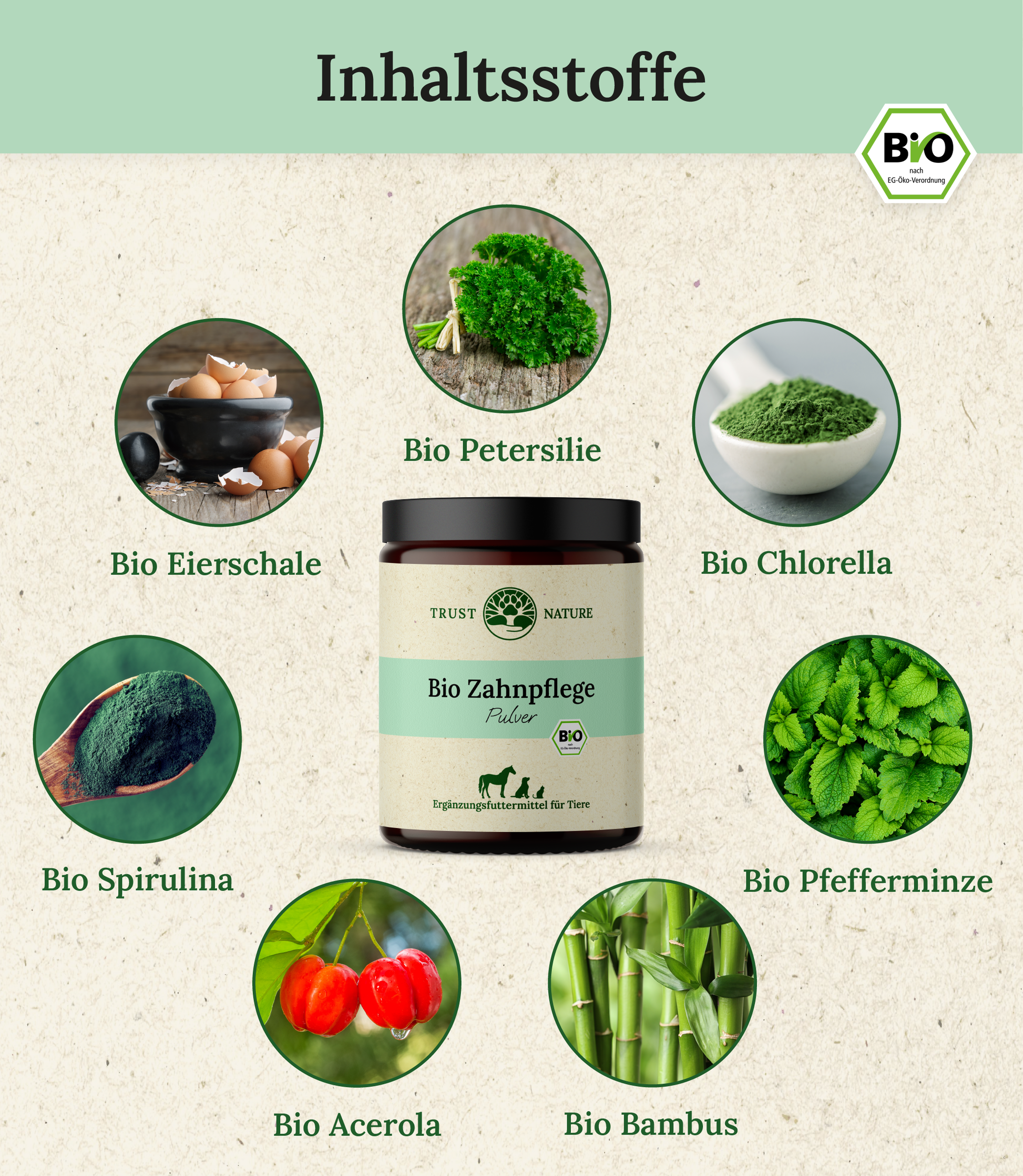 Inhaltsstoffe: Bio Petersilie, Bio Chlorella, Bio Spirulina, Bio Eierschale, Bio Pfefferminze, Bio Acerola, Bio Bambus